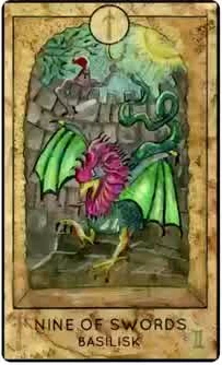 Nine of Swords — Basilisk card from the Fantasy Creatures Tarot deck