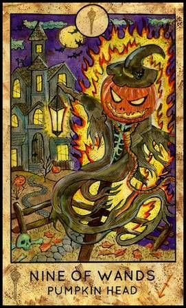 Nine of Wands — Pumpkin Head card from the Fantasy World Tarot deck