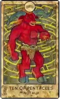 Ten of Pentacles — Minotaur card from the Fantasy Creatures Tarot deck