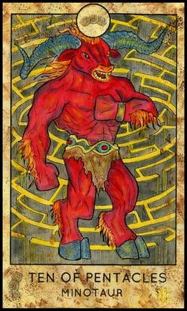 Ten of Pentacles — Minotaur card from the Fantasy World Tarot deck