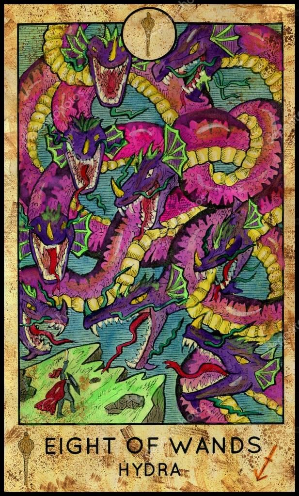 Eight of Wands — Hydra card from the Fantasy World Tarot deck