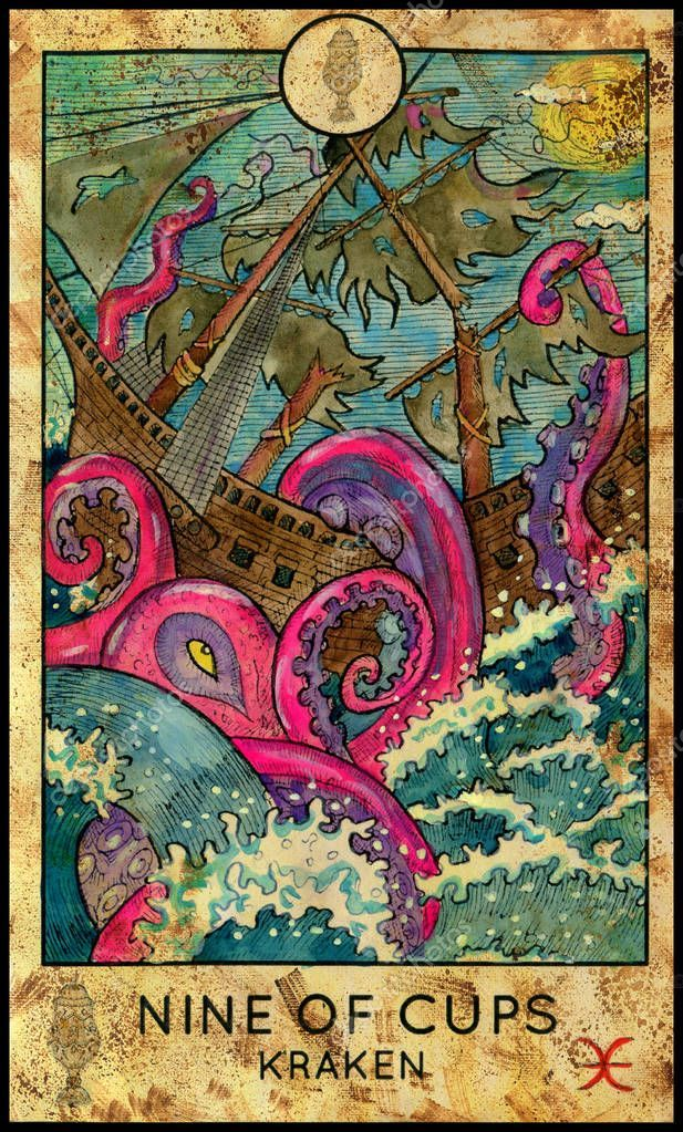 Nine of Cups — Kraken card from the Fantasy World Tarot deck