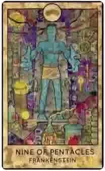 Nine of Pentacles — Frankenstein card from the Fantasy Creatures Tarot deck