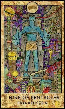 Nine of Pentacles — Frankenstein card from the Fantasy World Tarot deck