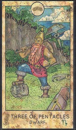 Three of Pentacles — Dwarf card from the Fantasy World Tarot deck