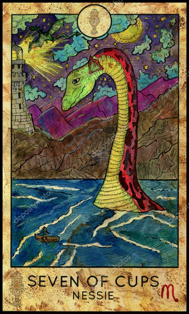 Seven of Cups — Nessie card from the Fantasy World Tarot deck