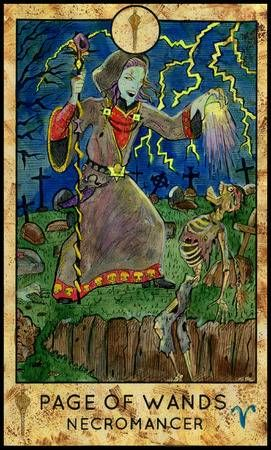 Page of Wands — Necromancer card from the Fantasy World Tarot deck