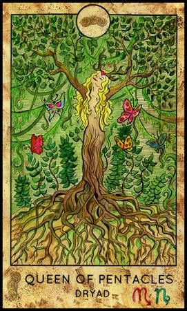 Queen of Pentacles — Dryad card from the Fantasy World Tarot deck