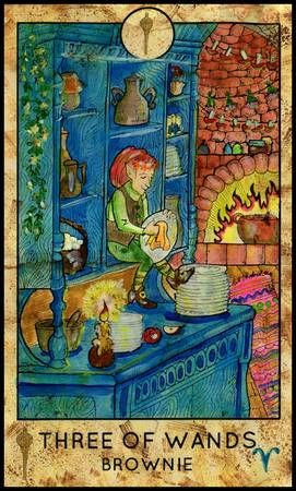 Three of Wands — Brownie card from the Fantasy World Tarot deck