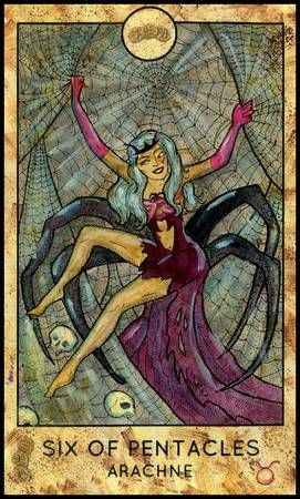 Six of Pentacles — Arachne card from the Fantasy World Tarot deck