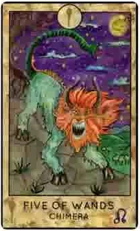 Five of Wands — Chimera card from the Fantasy Creatures Tarot deck