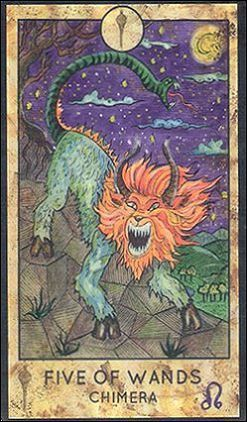 Five of Wands — Chimera card from the Fantasy World Tarot deck