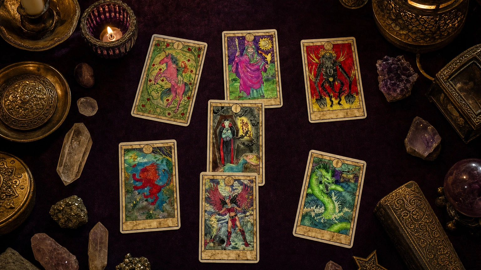 Fantasy Creatures Tarot table reading scene with creature cards