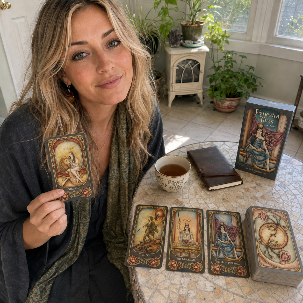 Aurica presenting Strength from Fenestra Tarot beside its box, a three-card spread, and the stacked deck