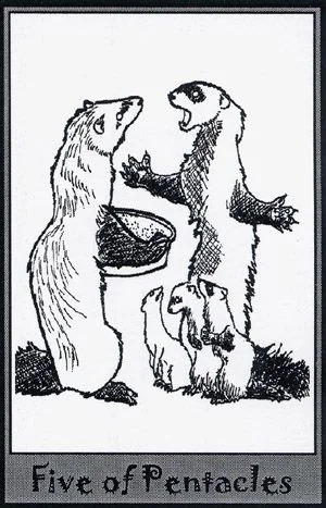 Five of Pentacles card from the Ferret Tarot deck