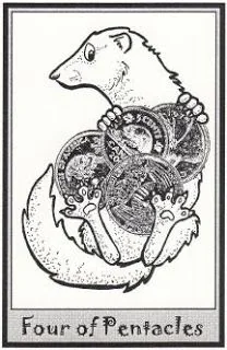 Four of Pentacles card from the Ferret Tarot deck