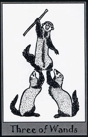 Three of Wands card from the Ferret Tarot deck