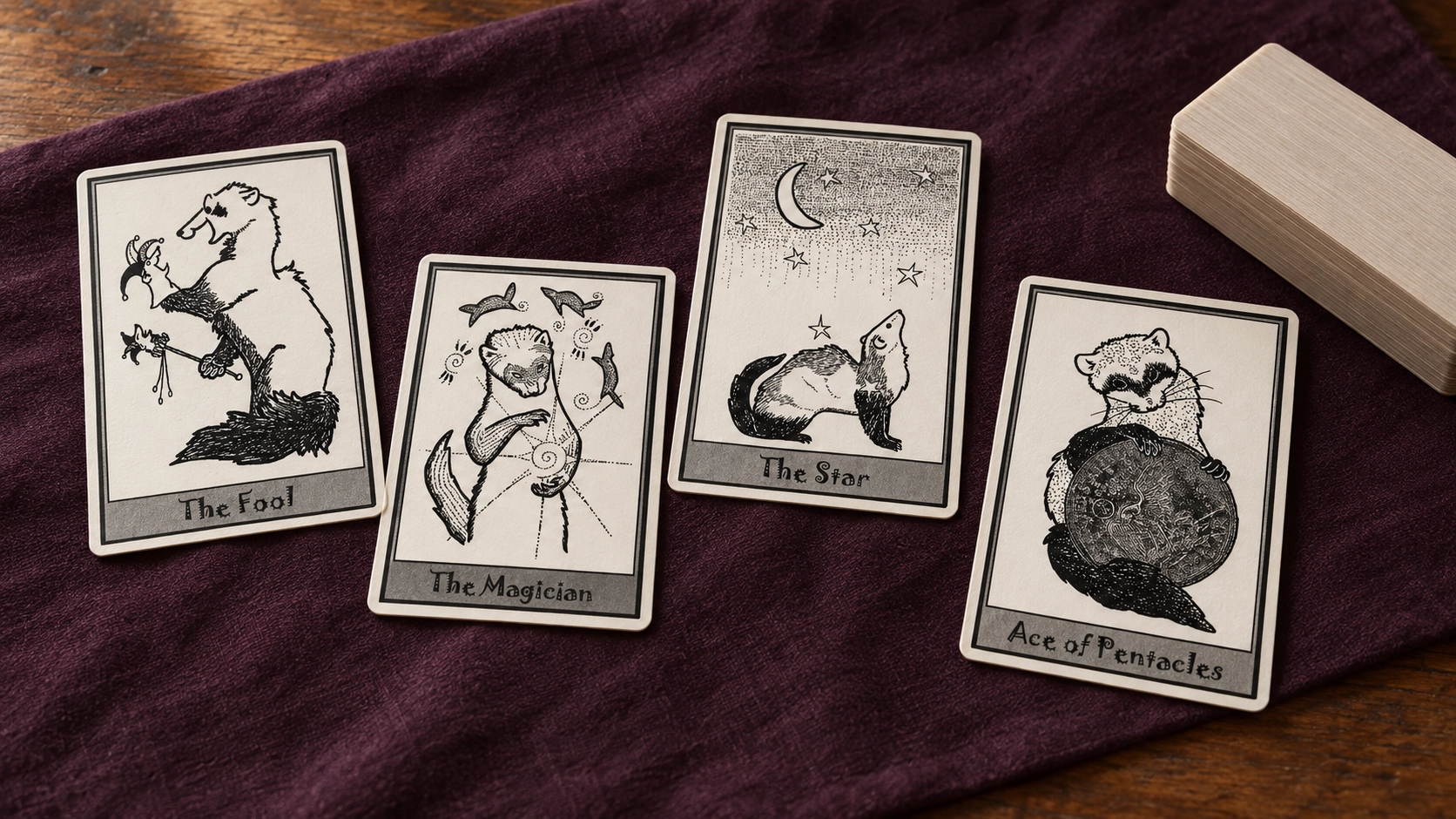 Editorial scene with four verified Ferret Tarot card fronts and a plain stacked remainder on plum cloth