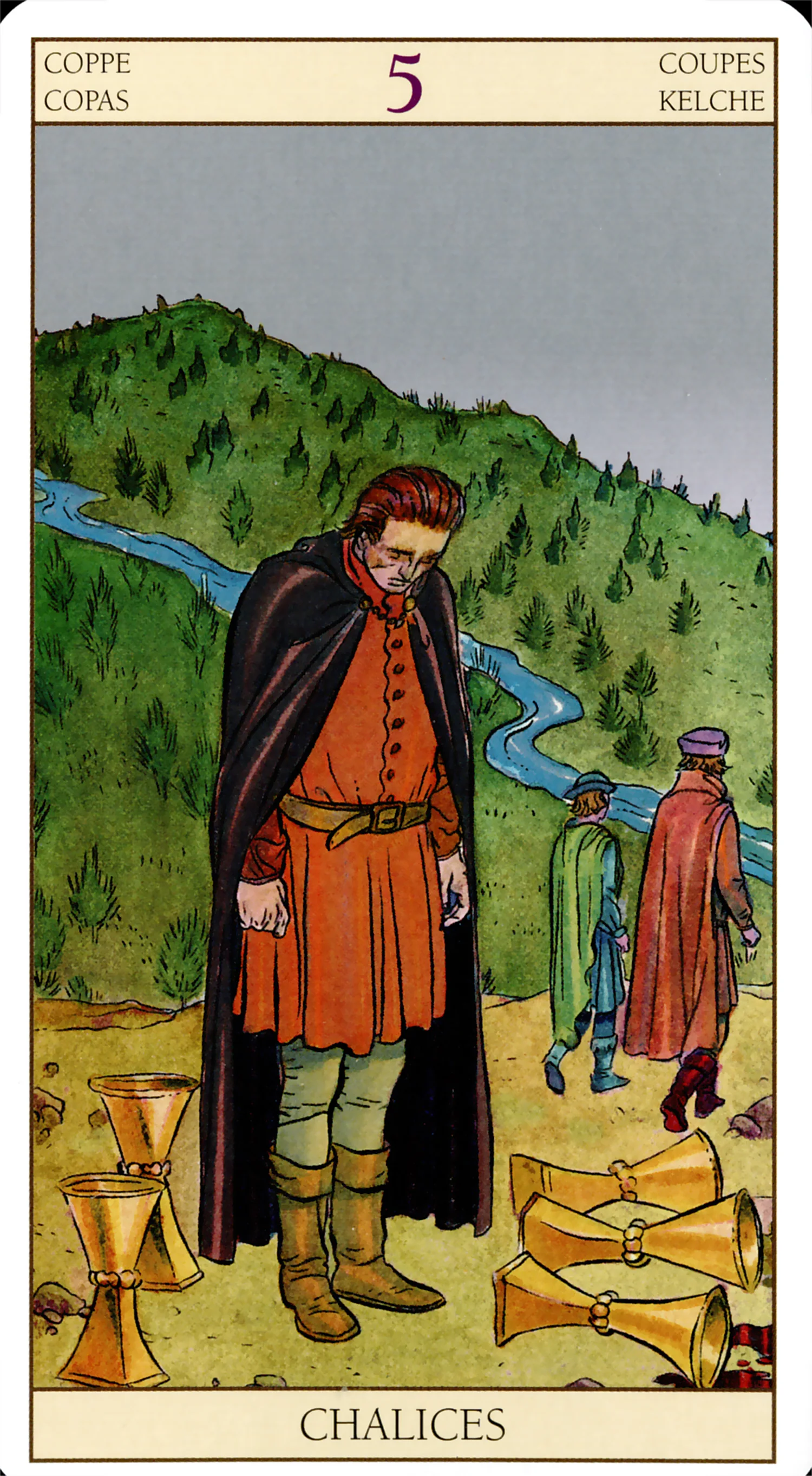 Five of Cups — Tarot of the New Vision by Lo Scarabeo Five of Cups card from the Tarot of the New Vision deck by Lo Scarabeo