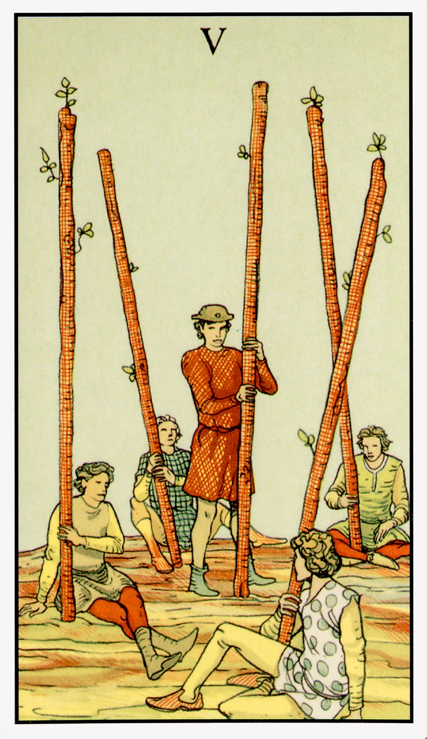 Five of Wands card from the After Tarot deck by Lo Scarabeo