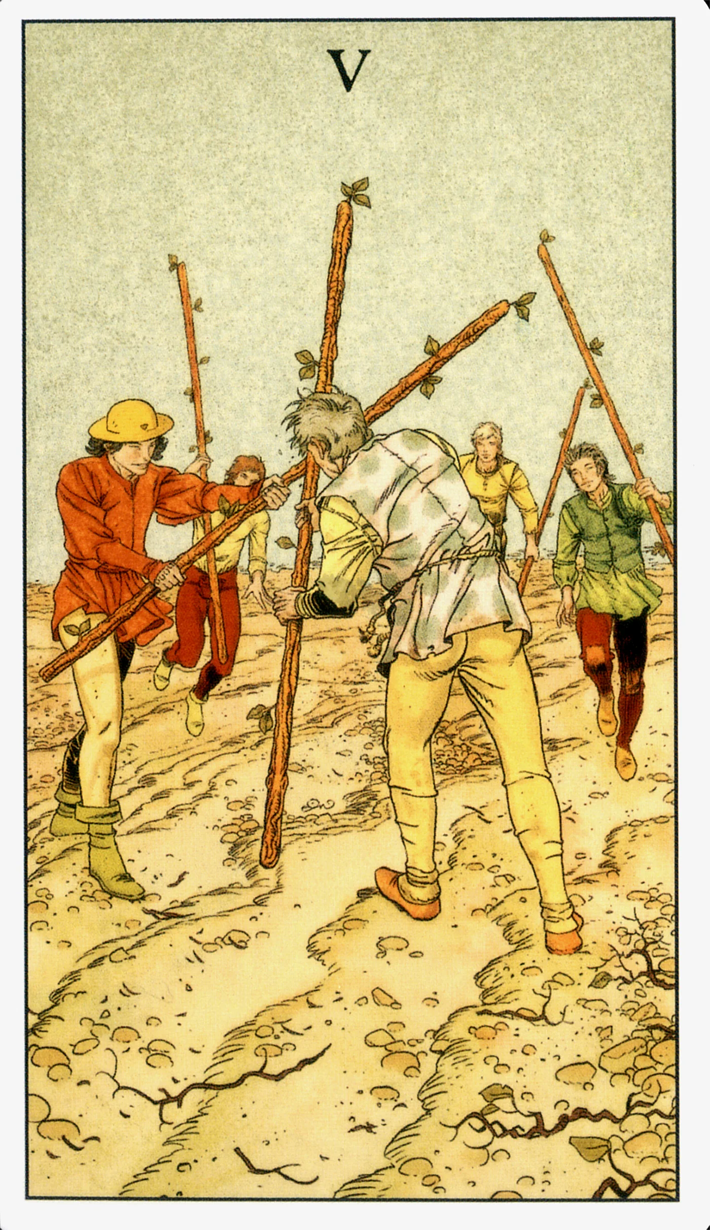 Five of Wands card from the Before Tarot deck by Lo Scarabeo