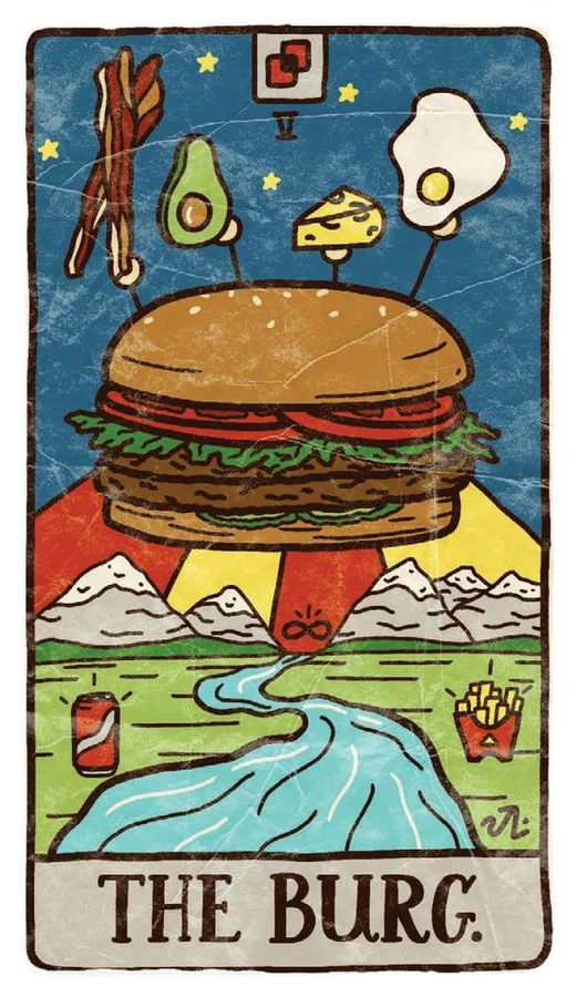 The Burger card from the Food Fortunes Tarot deck