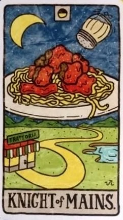 Knight of Mains card from the Food Fortunes Tarot deck