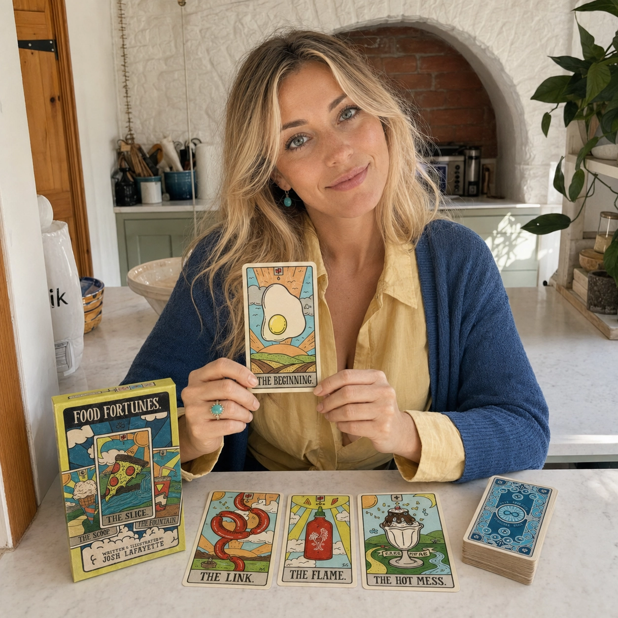 Aurica presenting The Beginning beside the Food Fortunes Tarot box, a three-card food spread, and the stacked deck