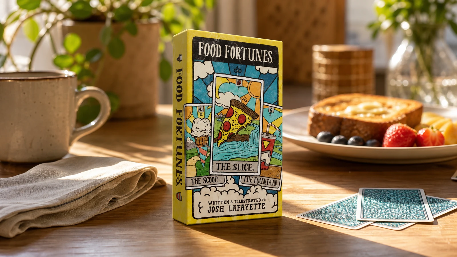 Food Fortunes Tarot Deck by Josh Lafayette in a generated sunlit kitchen product scene