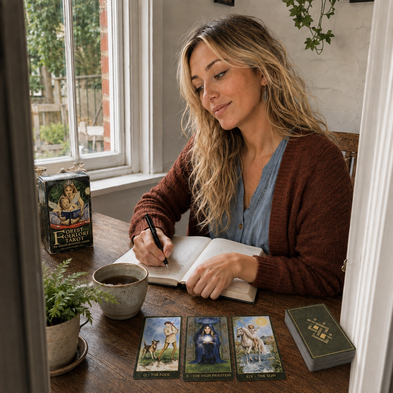 Aurica journaling beside the Forest Folklore Tarot box, a three-card spread, and stacked deck