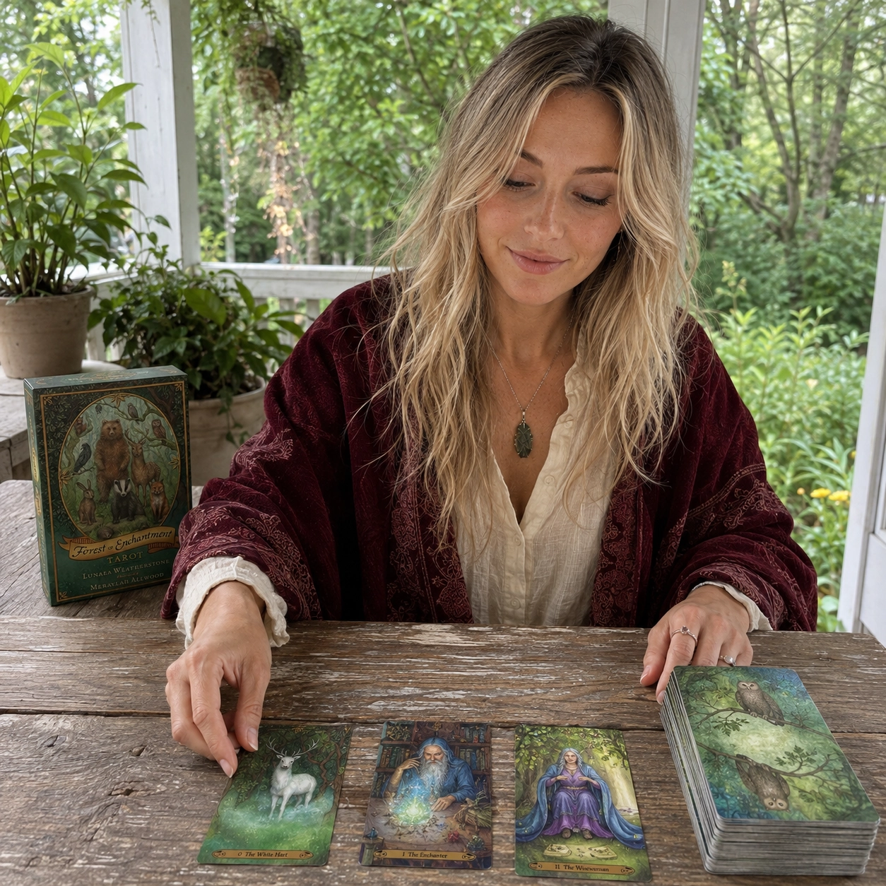 Aurica laying out Forest of Enchantment Tarot beside its box, three face-up cards, and the stacked deck