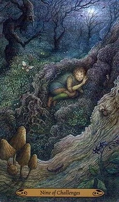 9 of Challenges card from the Forest of Enchantment Tarot deck