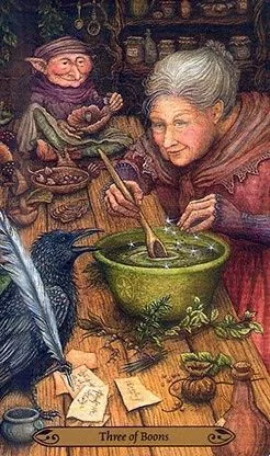 3 of Boons card from the Forest of Enchantment Tarot deck