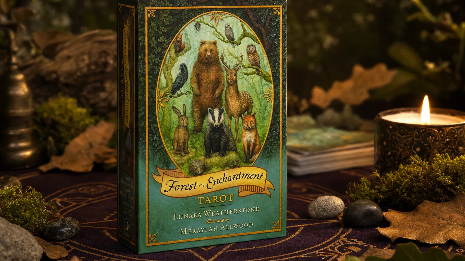 Forest Of Enchantment Tarot Deck Review 16 Forest of Enchantment Tarot deck box in a warm woodland candlelit lifestyle scene