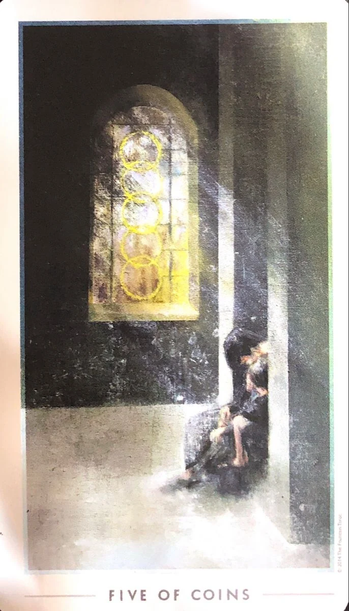 5 of Coins card from the The Fountain Tarot deck
