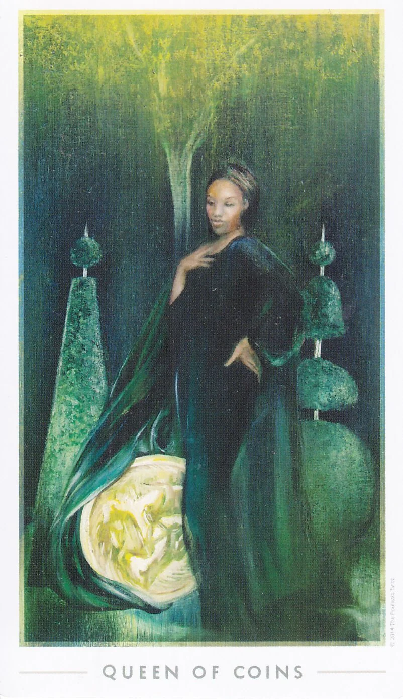 Queen of Coins card from the The Fountain Tarot deck