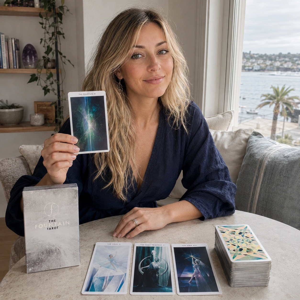 Aurica presenting The Fountain card beside The Fool, The High Priestess, The Star, the silver Fountain Tarot box and stacked deck