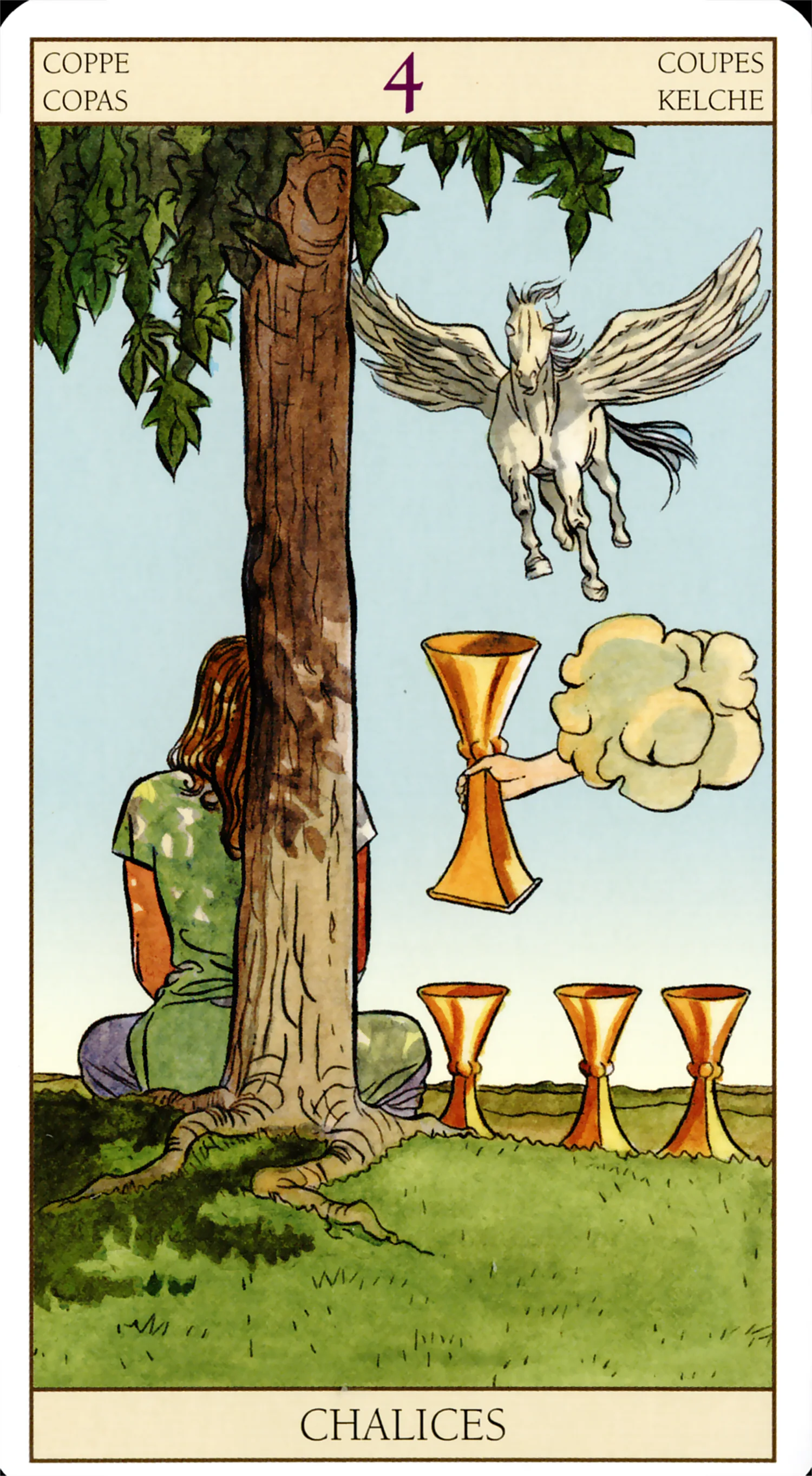 Four of Cups card from the Tarot of the New Vision deck by Lo Scarabeo