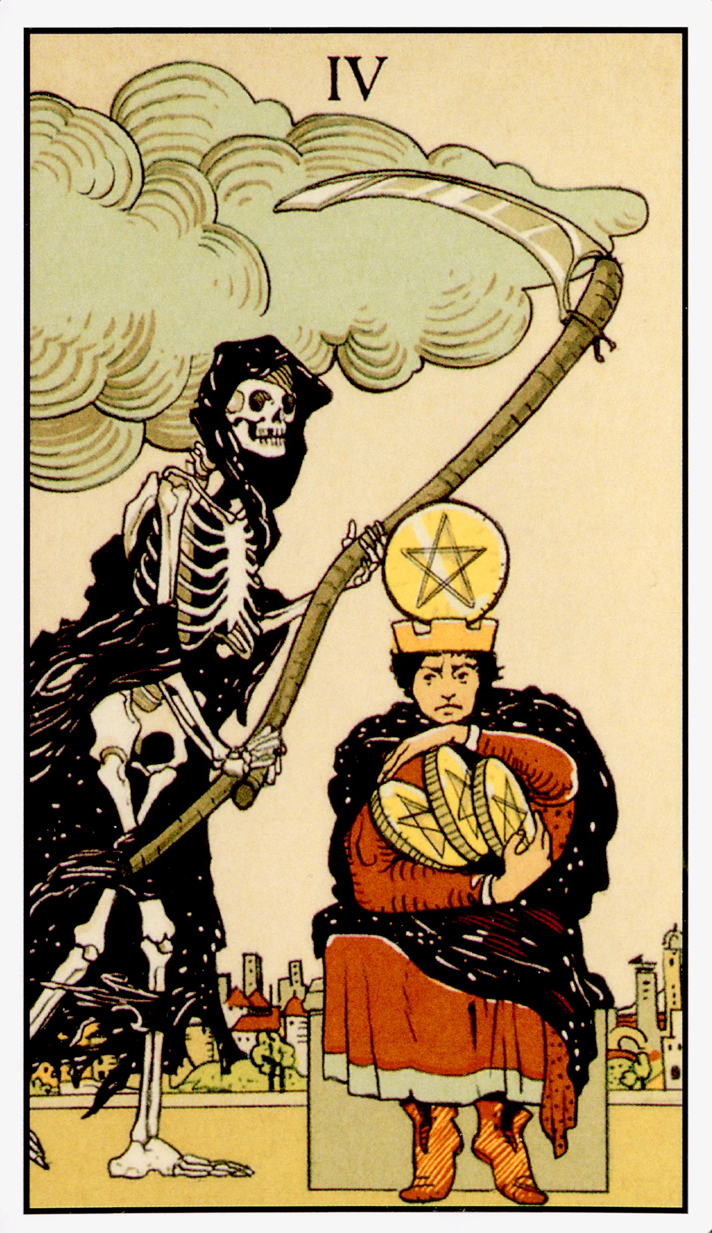 Four of Pentacles — After Tarot by Lo Scarabeo Four of Pentacles card from the After Tarot deck by Lo Scarabeo