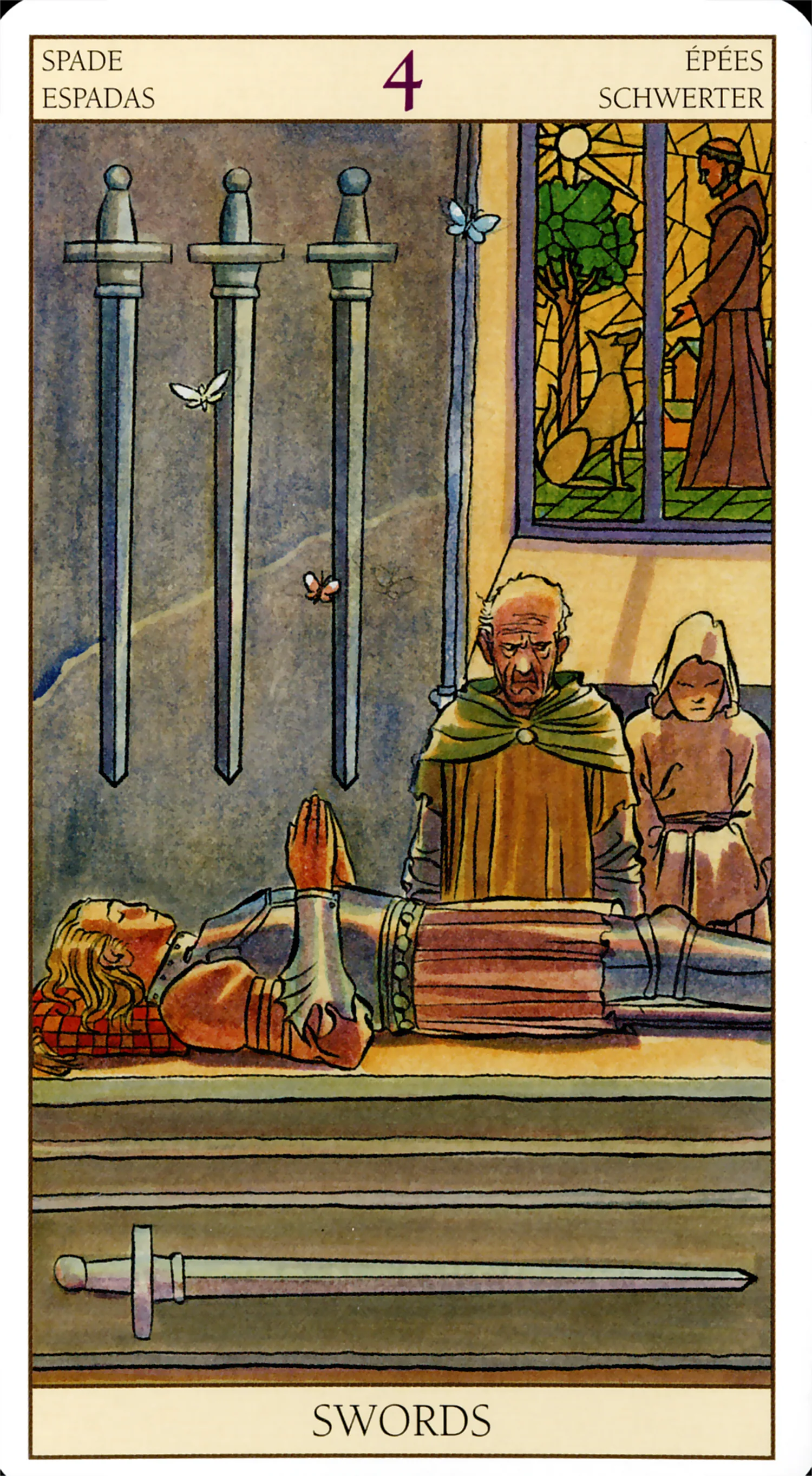 Four of Swords card from the Tarot of the New Vision deck by Lo Scarabeo