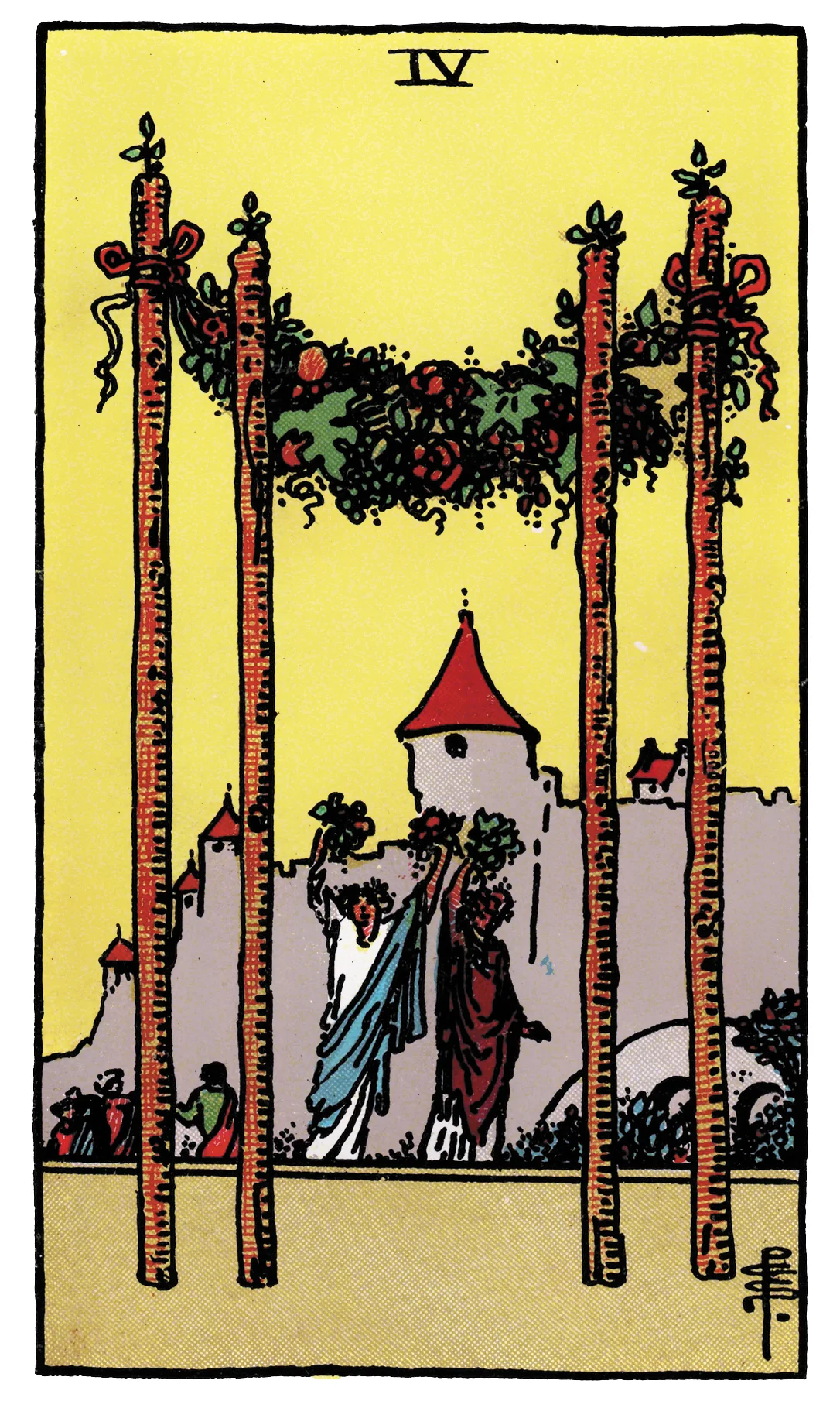 Four of Wands card from the Rider-Waite-Smith Tarot deck by Rider