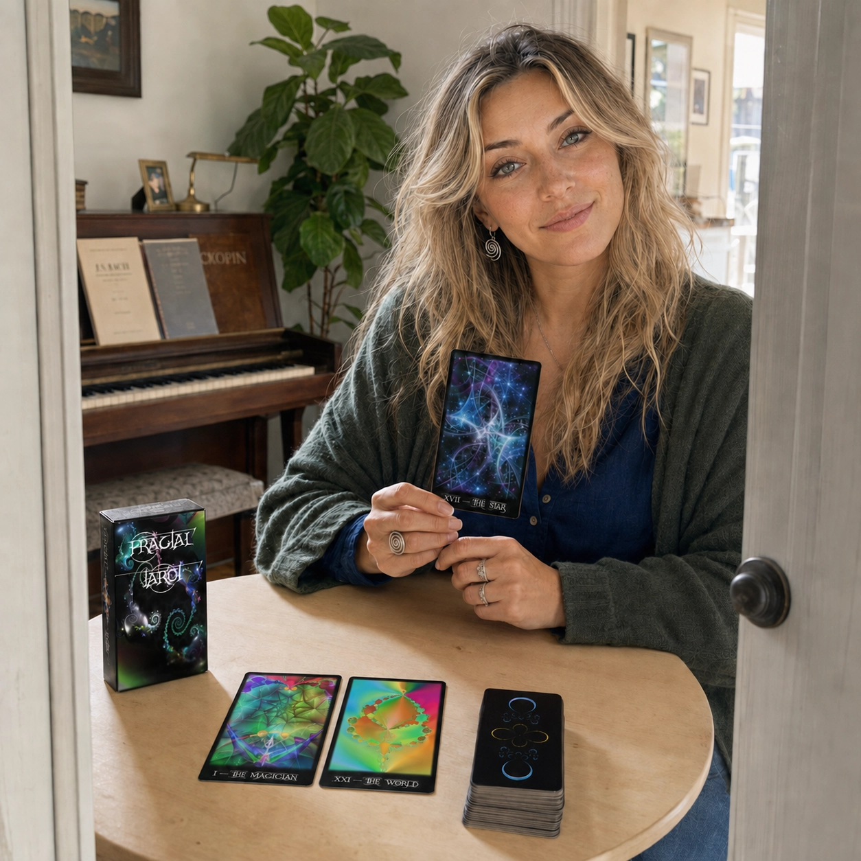 Aurica holding The Star from Fractal Tarot beside its box, a two-card spread, and the stacked deck