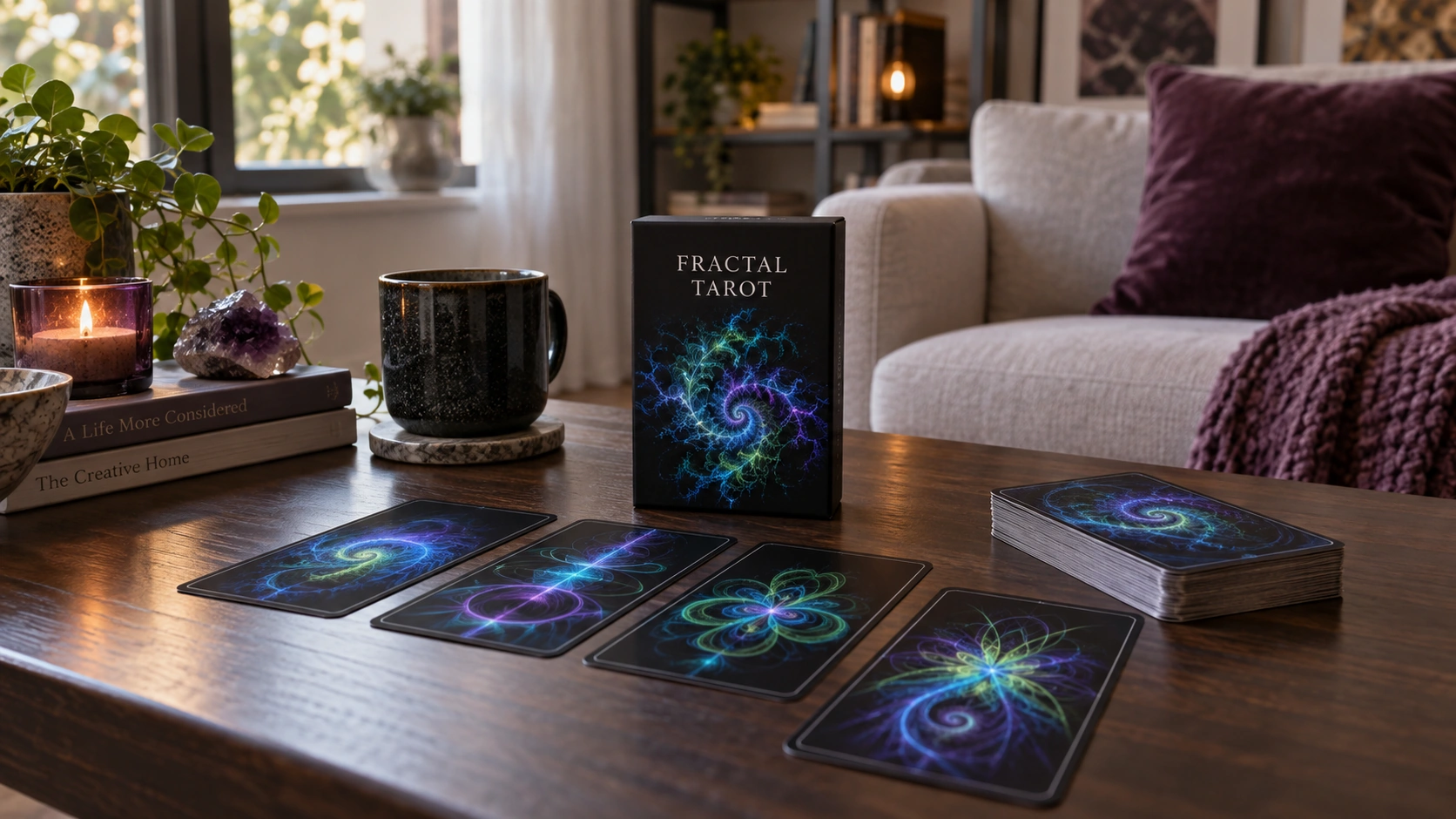 Fractal Tarot Deck by Leaf Generated Fractal Tarot Deck by Leaf in a modern home reading scene