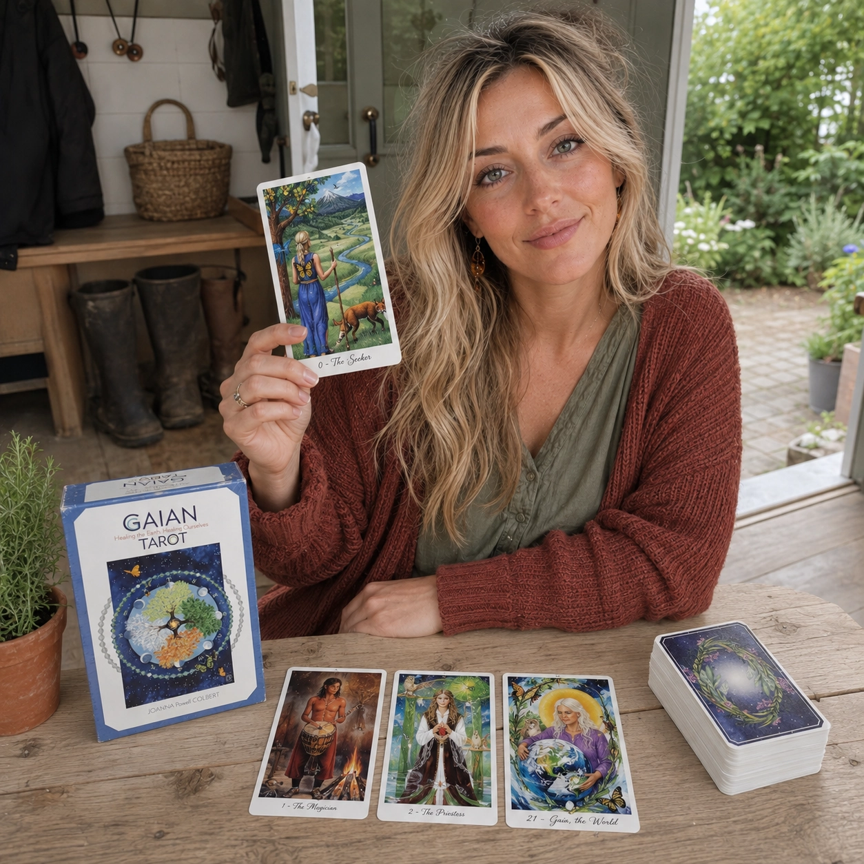 Aurica presenting The Seeker from Gaian Tarot beside the exact box, three face-up cards, and stacked deck