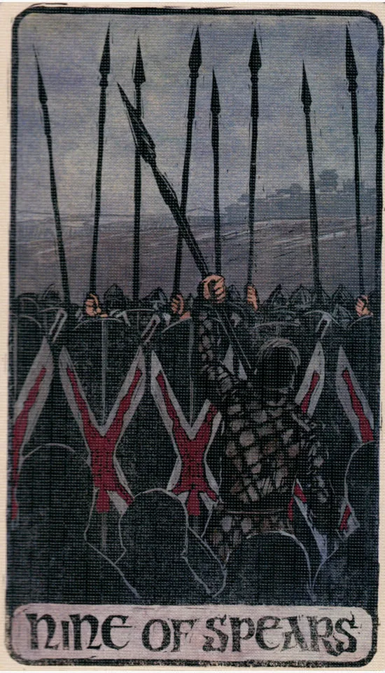 Nine of Spears card from the Game Of Thrones Tarot deck