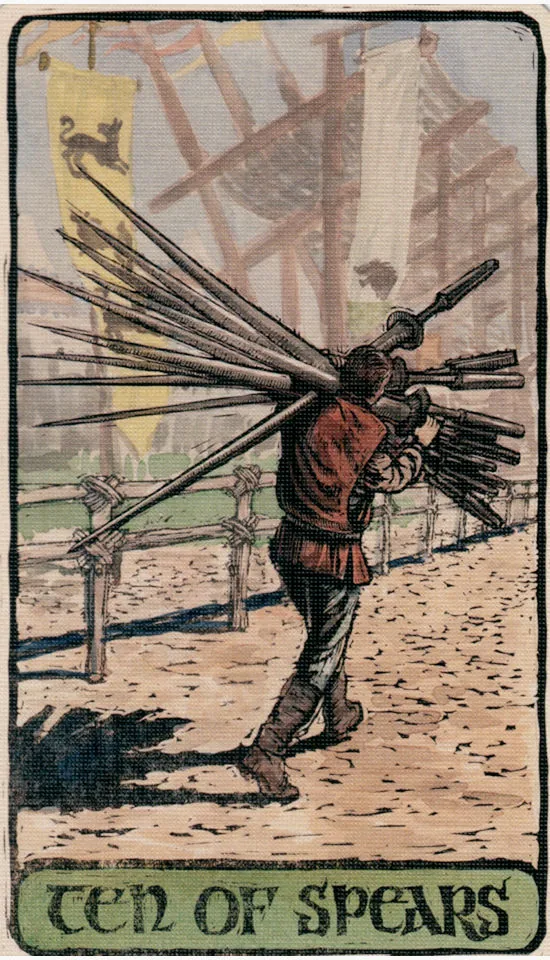 Ten of Spears — Game Of Thrones Tarot card Ten of Spears card from the Game Of Thrones Tarot deck