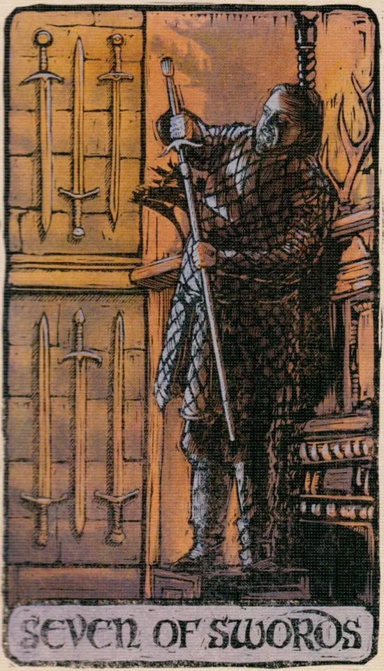 Seven of Swords card from the Game Of Thrones Tarot deck