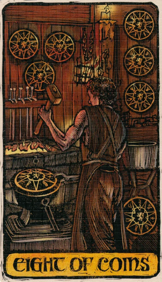Eight of Coins card from the Game Of Thrones Tarot deck