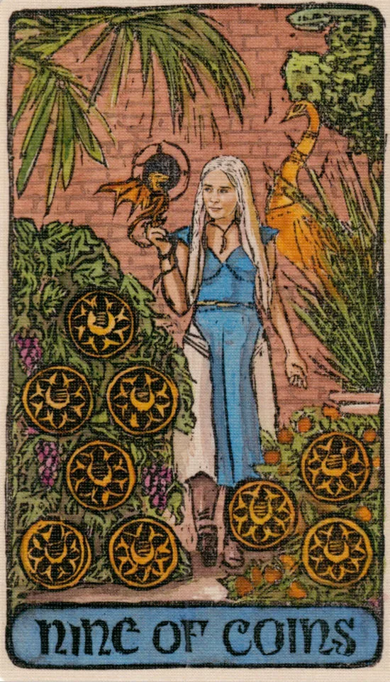 Nine of Coins card from the Game Of Thrones Tarot deck