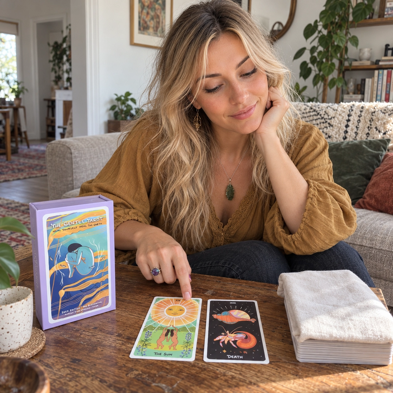 AI-generated editorial scene of Aurica studying The Gentle Tarot Sun and Death cards beside the lavender Seed Edition box and a cloth-covered remainder stack